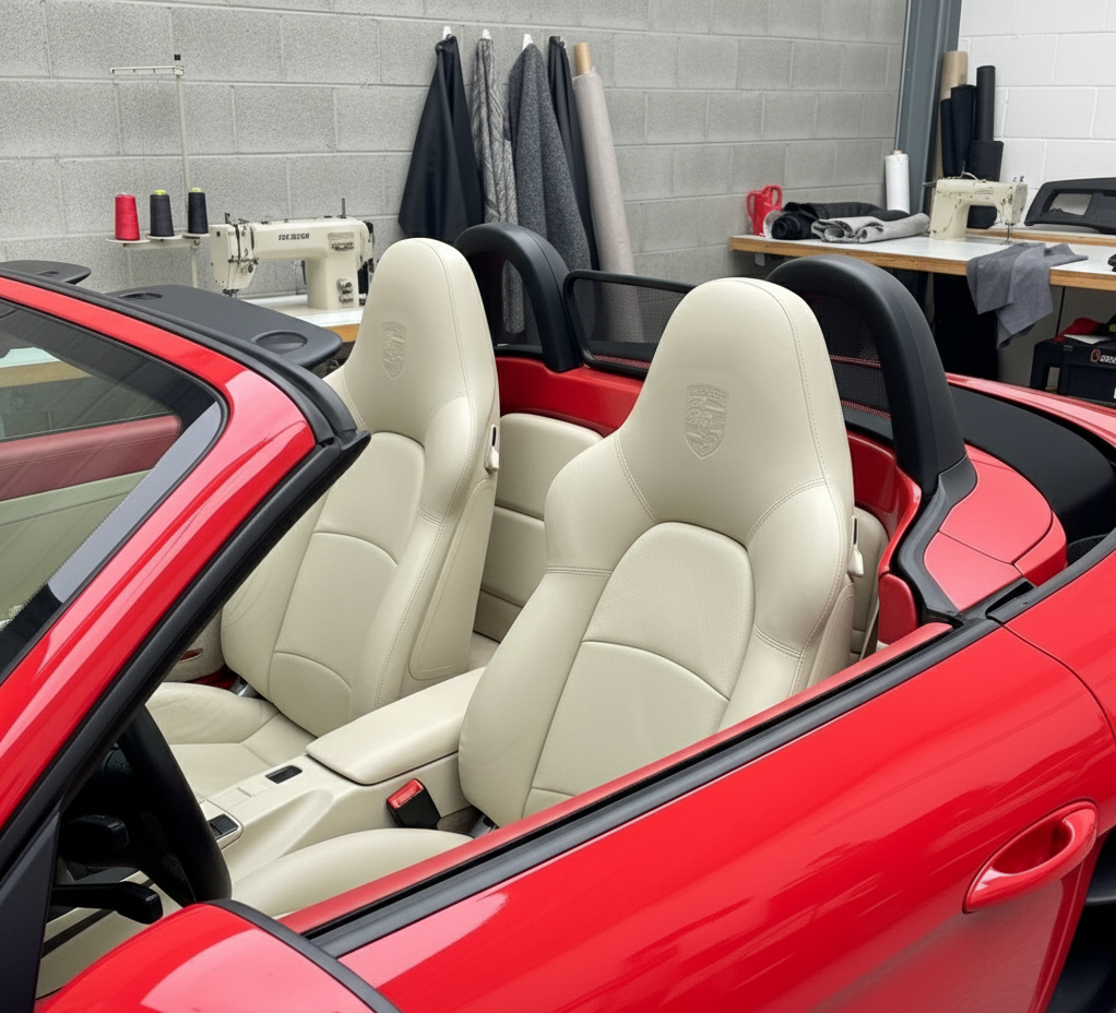Porsche linen leather bucket seats with Porsche logo embroidery upholstery Blue Note Upholstery